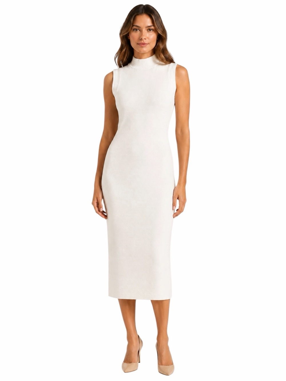 St. John - White Ribbed Knit Sleeveless Mock Neck Maxi Dress Size S